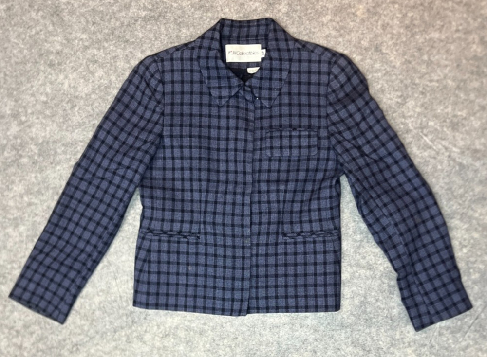 Vintage JH Collectibles Blazer Women's Blue Plaid Jacket w/ hidden Buttons Sz 4P